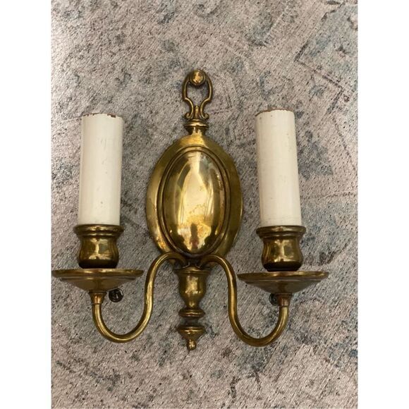 Antique Solid Brass Dutch Colonial Style Wall Sconce with Pull Two Light - Picture 2 of 6